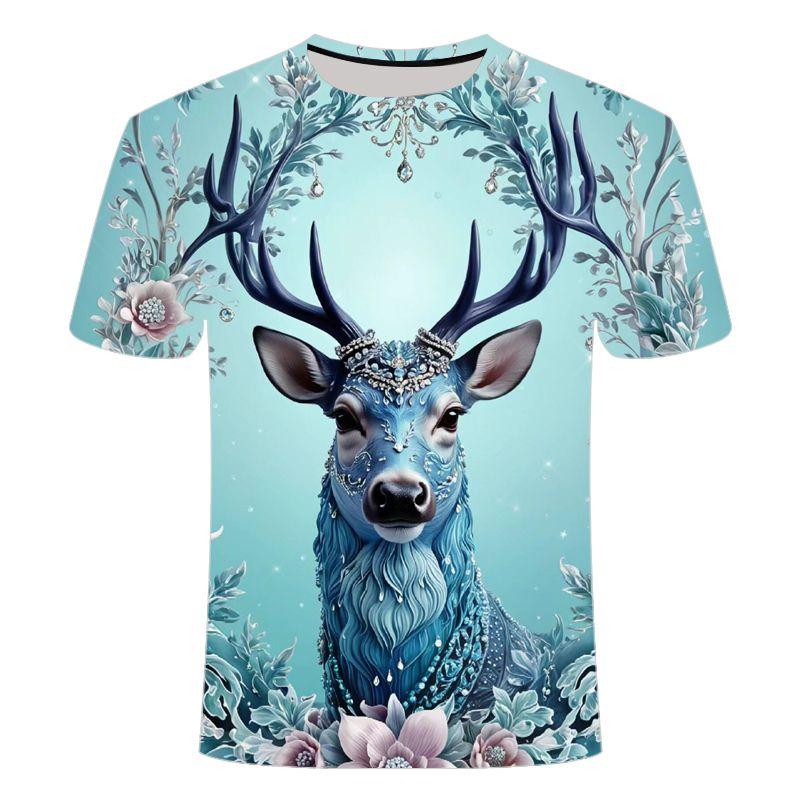 Summer Elk 3D Pattern Short Sleeve T-shirt Loose Summer Trendy Fashion Men's and Women's Round Neck T-shirt