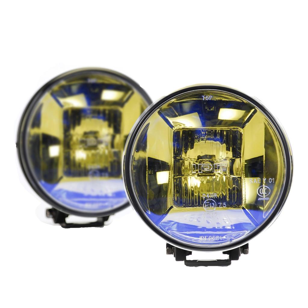 IPF Halogen Fog Lights, H3 Round, 166mm Diameter, Yellow, 12V, Set of 2, Hybrid Beam Pattern (Driving & Spot), Gold Lens, Off-Road, S-9681