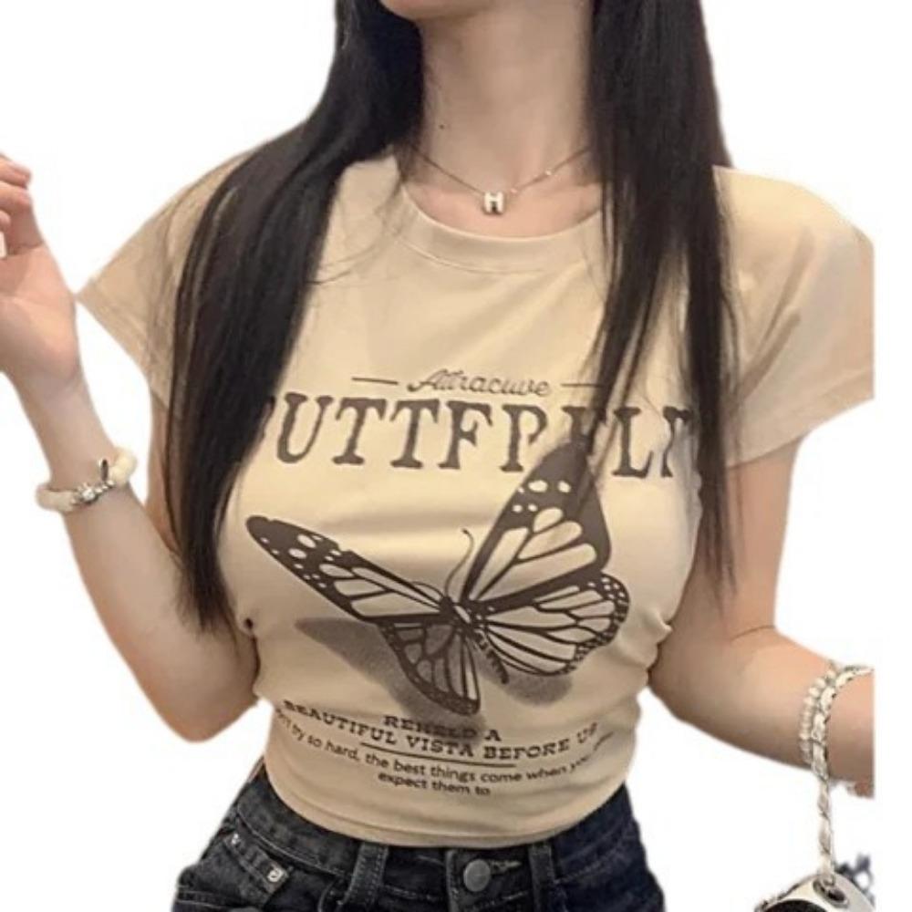 Koszulka z krótkim rękawem i nadrukiem w motyle w stylu retro, damska, letnia, sznurowana, dopasowana w talii, krótka, dopasowana koszulka