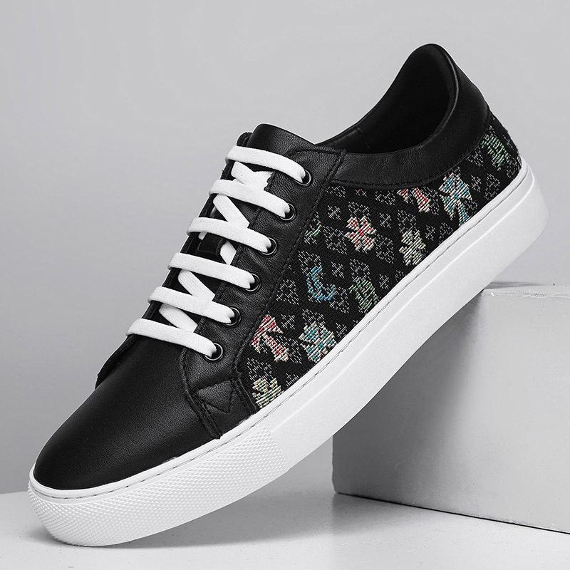 New Men Genuine Leather Casual Shoes Trend Canvas Print Flat Skate Shoes Young Man Cool Loafers