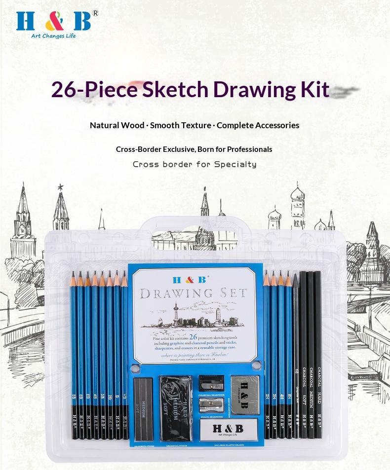 26-Piece Beginner Sketch Pencil Set Raw Wood Drawing Pencils, PVC Carrying Case, Complete Art Kit with Brushes & Tools