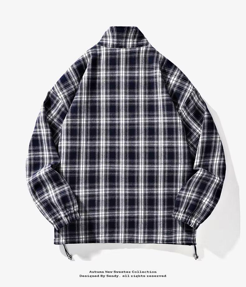 Men's Casual Double-Sided Plaid Patchwork Jacket - Stand Collar, Versatile Spring/Autumn Outerwear in American and Japanese Style
