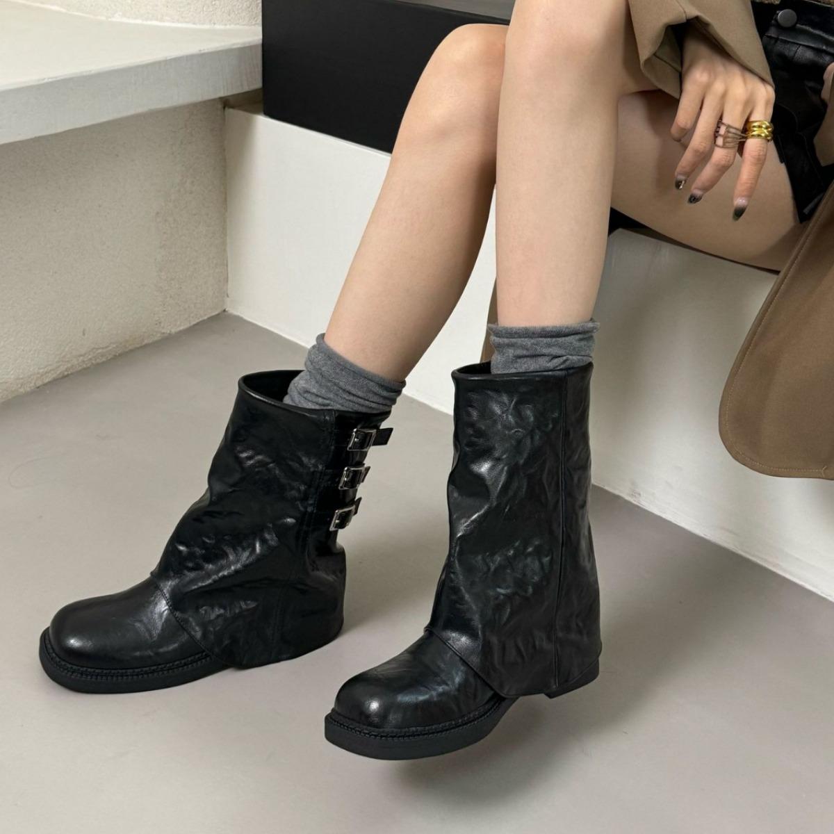 

New spot leather mid-tube pants boots 2025 metal buckle thick-soled Martin boots knight short boots square head retro west 40