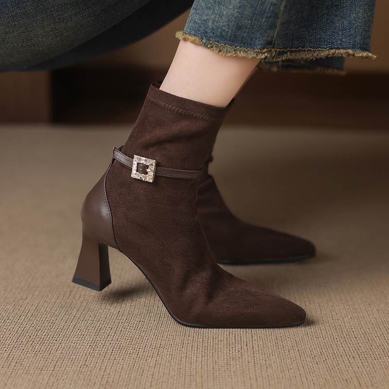 Krazing Pot Flock Pointed Toe Thin High Heels Modern Boots Size 42 Zip Plus Size Crystal Buckle Women Elastic Ankle Boots