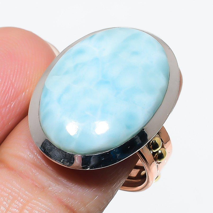 Natural Larimar Gemstone 925 Sterling Silver Jewelry Two Tone Ring Size 9.5 G5p41