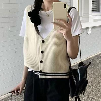 Yousheng Women Sling Vest Slim Fit V-Neck Sleeveless Top with Striped Pattern Single Breasted Knitted Sweater Daily Wear