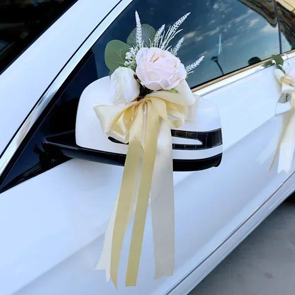 Creative Wedding Car Decor Flower Door Handles Rearview Mirror Decorate Rose Artificial Floral Accessories Marriage Props Gift