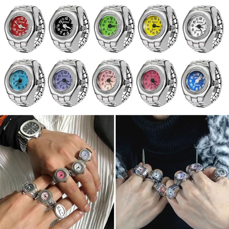 Vintage Punk Finger Watch Mini Elastic Strap Alloy Watches Couple Rings Jewelry Clock Retro Roman Watch Rings Women Men