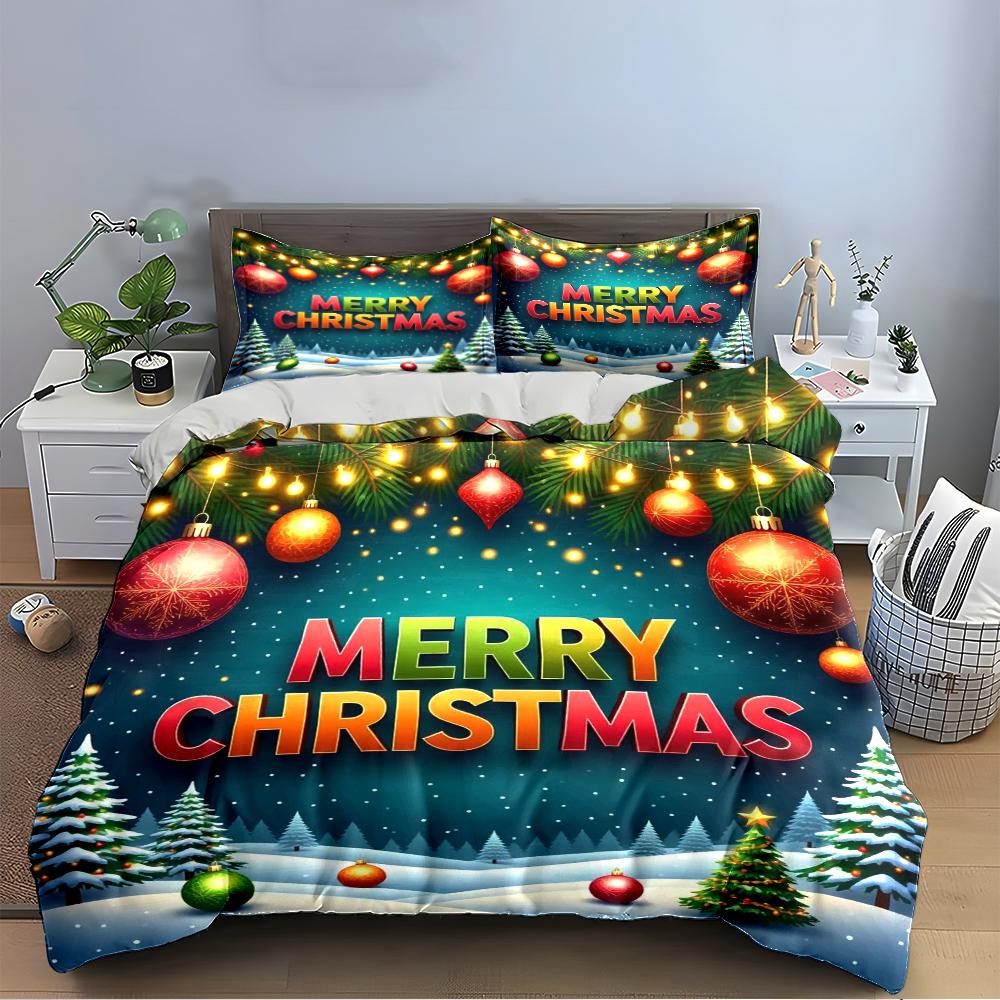 Christmas Tree and Ornaments Pattern Bedding Set (1 Duvet Cover, 2 Pillowcases, Duvet Not Included)