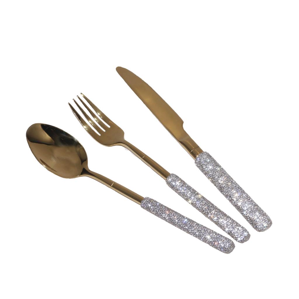 Luxury Cutlery With Rhinestone Handle Stainless Steel Knife Fork Spoon Tableware Flatware Set Festival Kitchen Dinnerware Gift