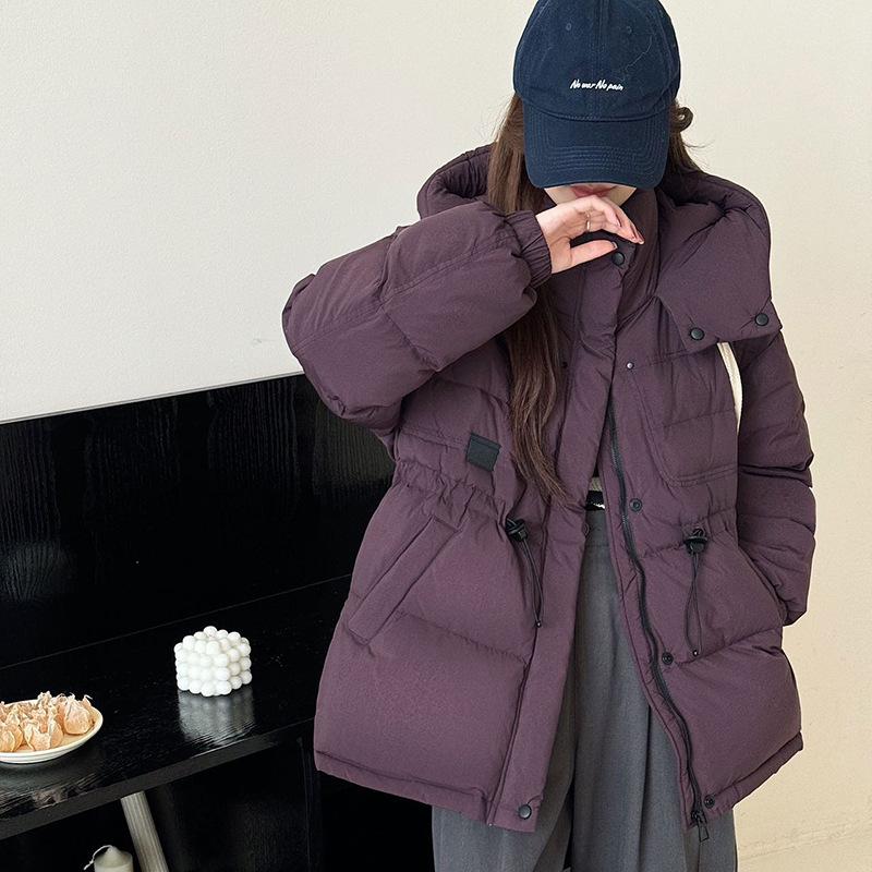 Outdoor cold-resistant white duck down tooling down jacket women's 2024 new fashion hooded leather standard waist thin jacket