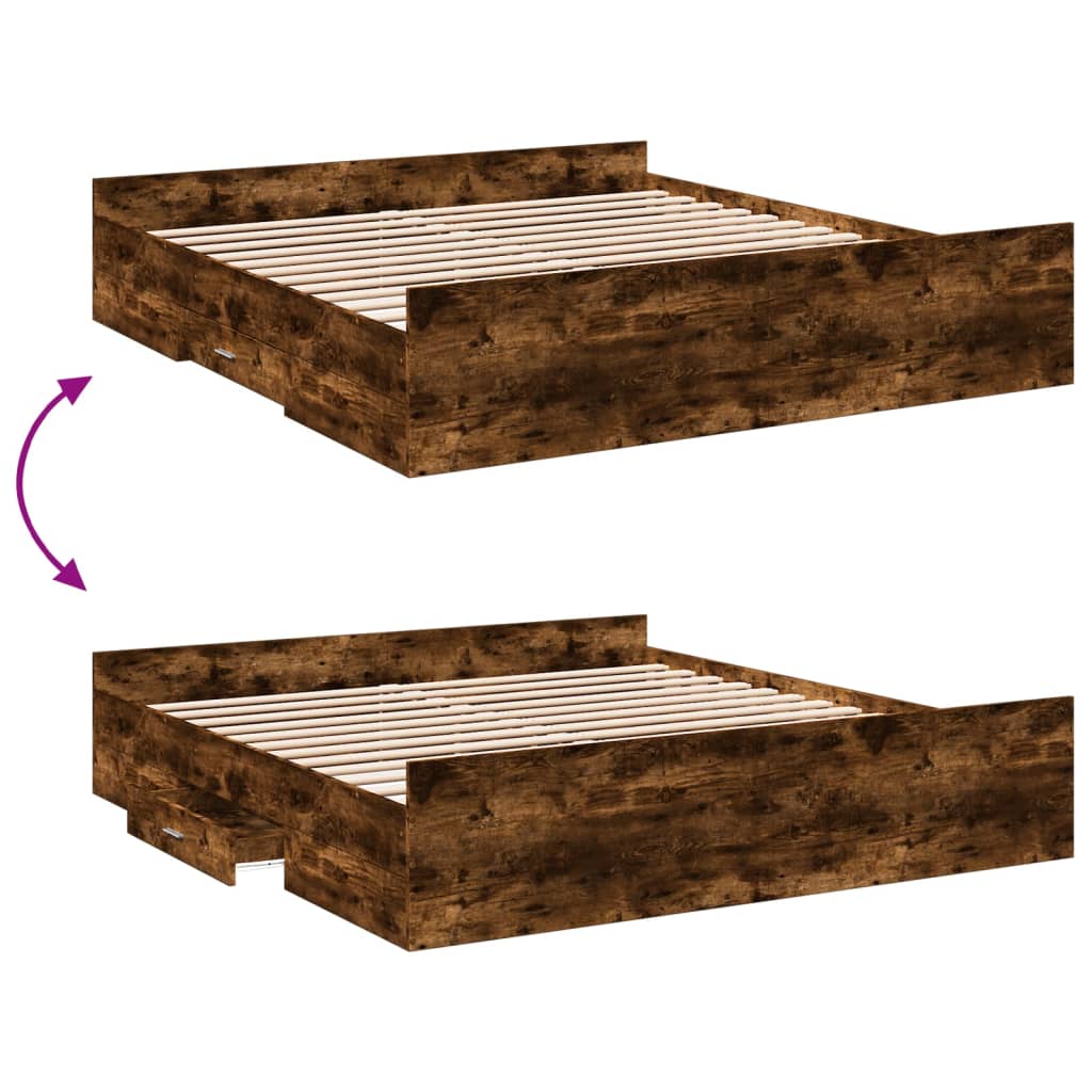 Bed Frame with Drawers Smoked Oak Finish 200x200 Cm Particleboard