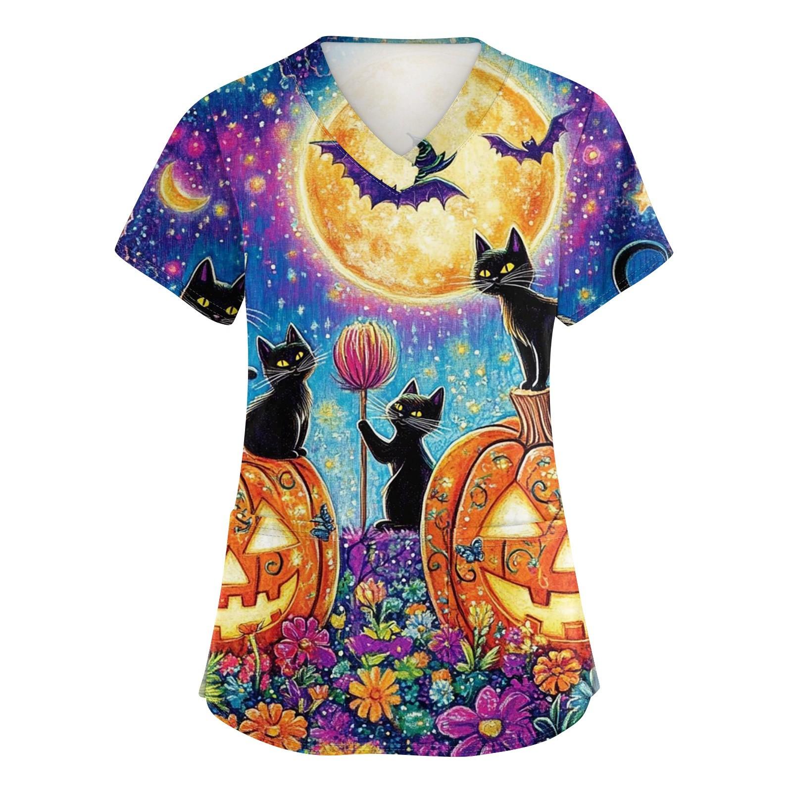 

Женский топ защитного костюма с V-образным вырезом, с короткими рукавами, с принтом на Хэллоуин, с карманом и боковыми разрезами XXXXXL