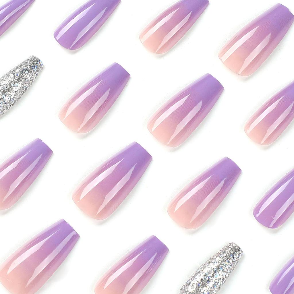 Purple Gradient Nail Stickers with Silver Glitter - Reusable False Nails