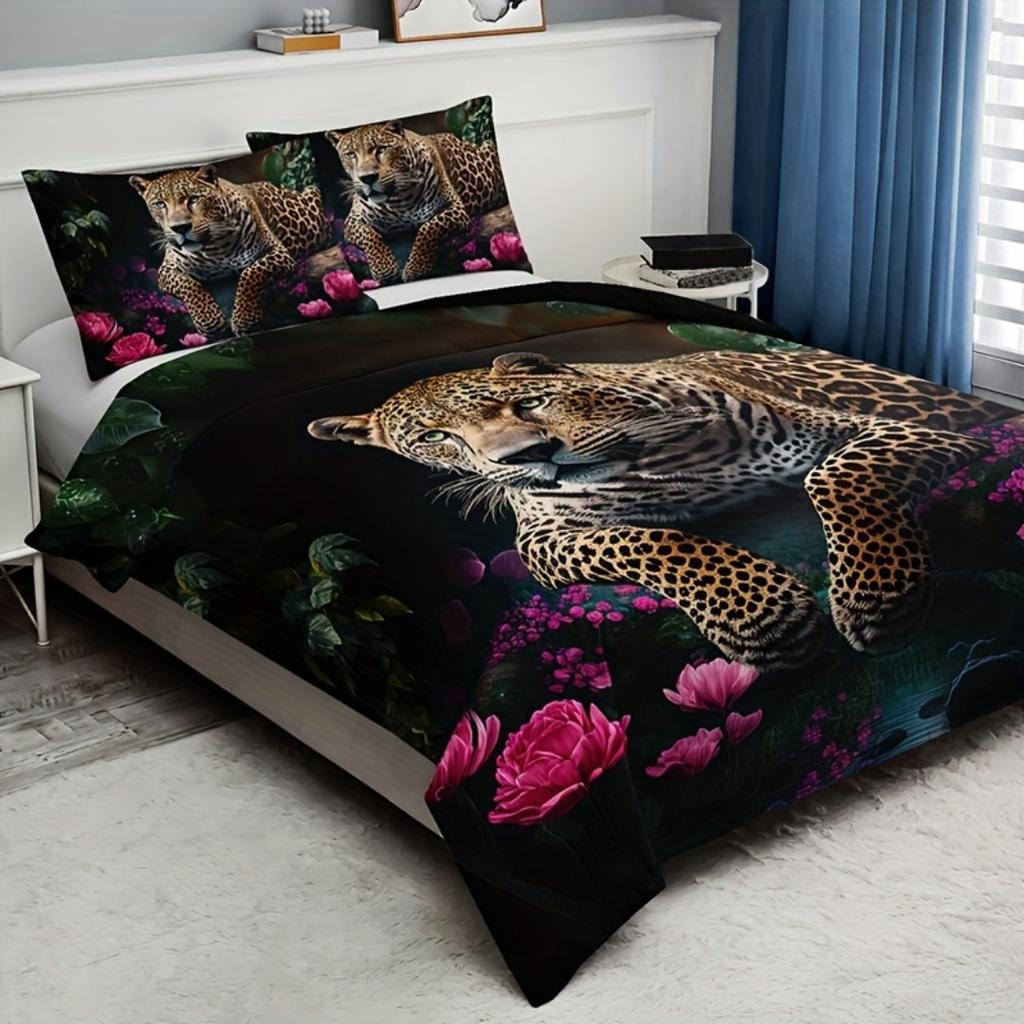 Ashion Wild Animal Leopard Rose Print Bedding Set Breathable Duvet Cover King Queen Twin Single Size Bithday Gift Room Decor