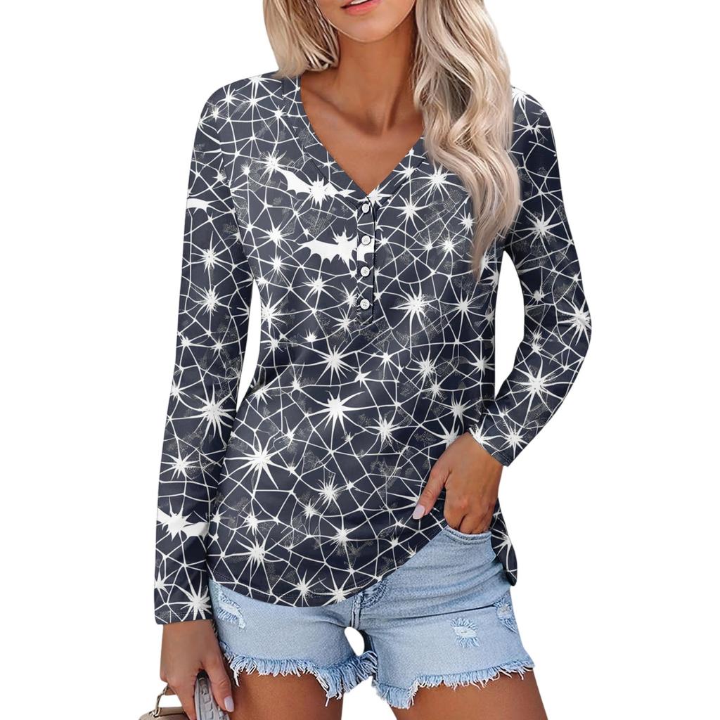 Women's Casual Fashion Sexy Comfort Halloween Printed V-Neck Button Long Sleeve