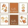 Retro Pumpkin Autumn Leaves Watercolor Canvas Print Hello Autumn Quote Wall Art Poster Modern Living Room Halloween Home Decor