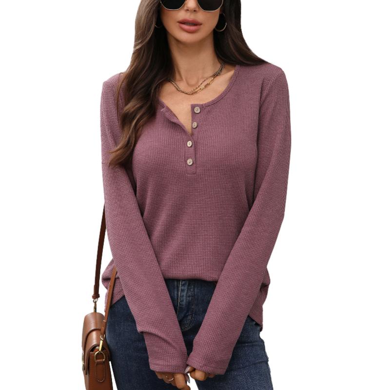 Autumn Winter Solid Color Round Neck Button Loose Long Sleeve T-Shirt Top for Women