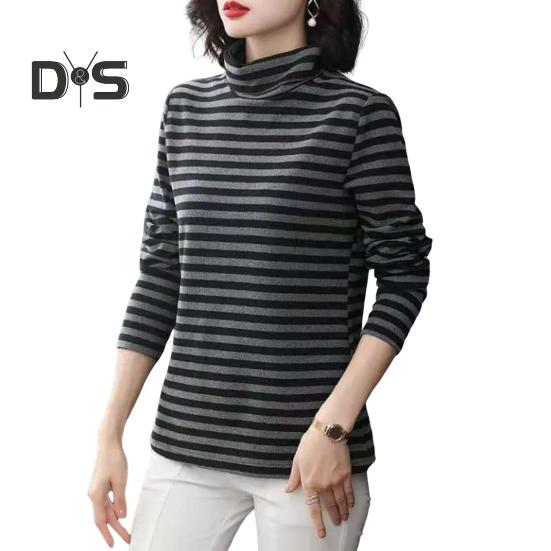 

Женские топы с высоким воротником и длинным рукавом, с утолщенной бархатной подкладкой, с пуловером, с полосатым принтом, футболки M