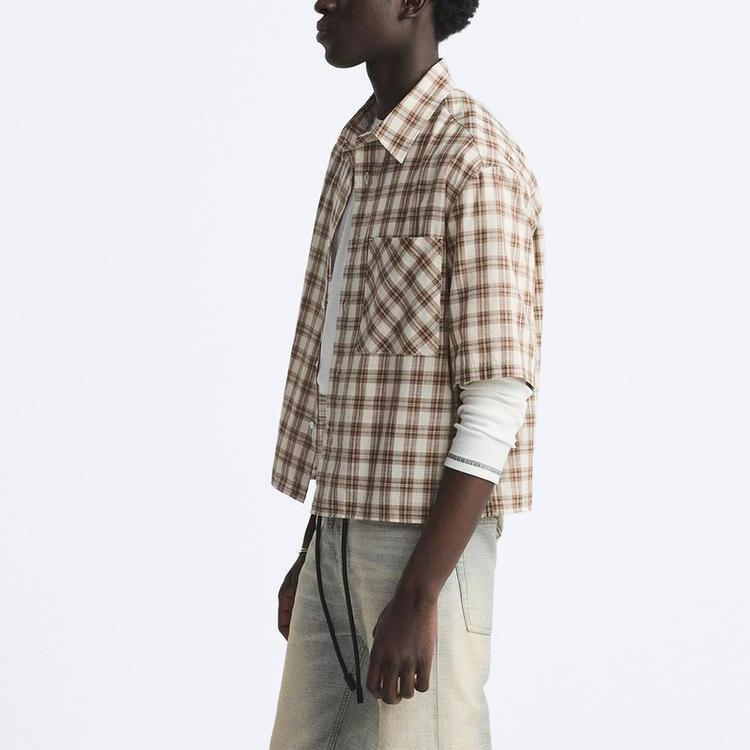 Zara Color Block Checkered Square Neck Short Sleeve Shirt Men shirts Khaki 2688340-710