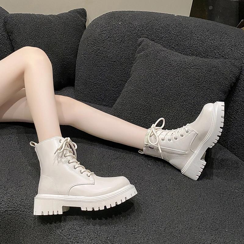 Women's Boots 2026 Autumn/Winter New British Style Plush Fashion Thick Bottom Motorcycle Boots Lace Comfort Zipper Snow Boots