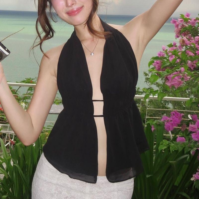 

Сексуальный стильный топ-жилет с вырезами на бретелях, с драпировкой халтер и бретелями-спагетти для женщин, в отпускном стиле, сексуальный, с большой открытой спиной, облегающий Black(In stock) L