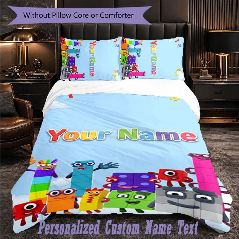 Personalized 3Pcs Bedding SetNumberblock Custom Text Duvet Cover Pillowcase Set Bedroom Gift