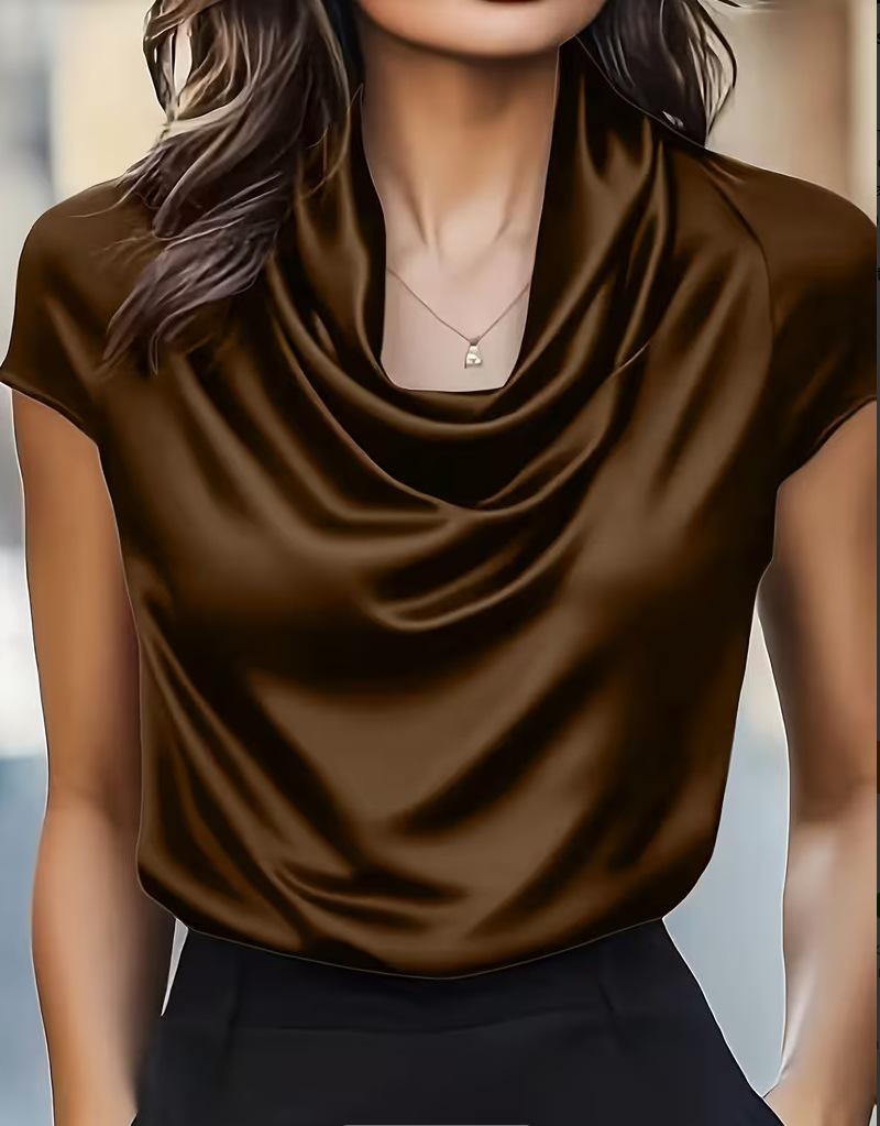 2026 Spring/Summer Women s Boat Neck Draped Short-Sleeved Versatile Top Medium коричневый