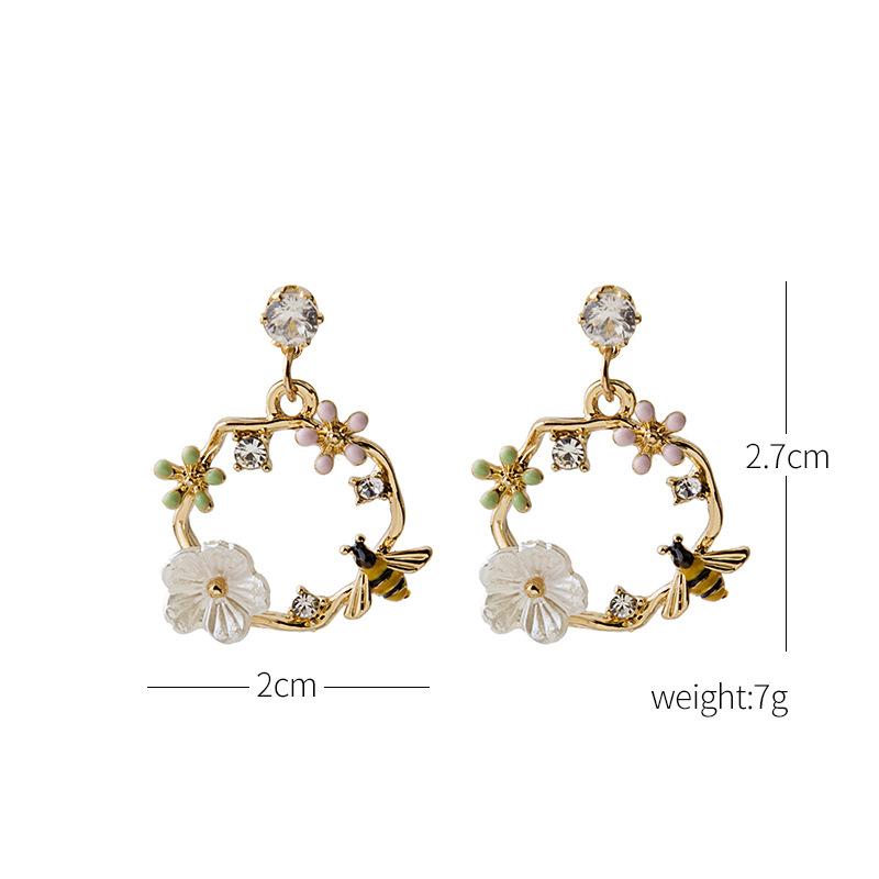 Women's Elegant Bee Flower Circle Painting Oil Rhinestone Animal Stud Earrings New Trend Girls Party Wedding Jewelry Brincos