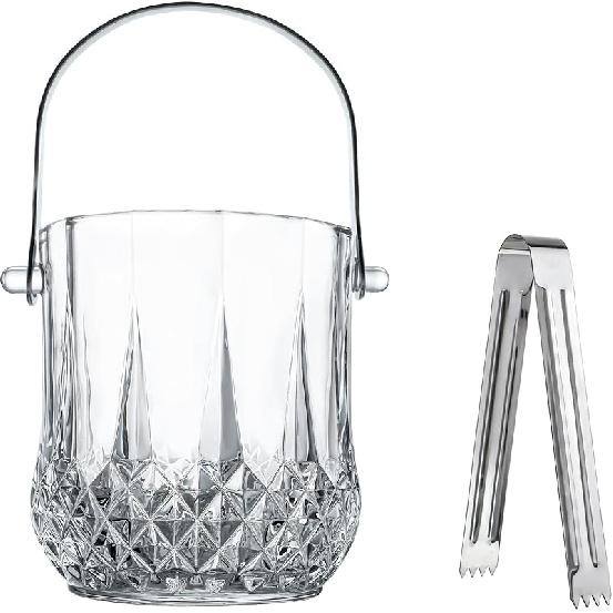 Glass Ice Bucket with Handle and Ice Tong Holds 37oz of Ice Clear Crystal Ice Buckets for Cocktail Bar Wine Home Bar Accessories Parties Clear