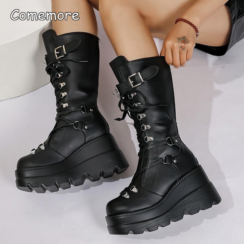 Fashion Punk Style Platform Motorcycle Boots Women Fashion Rivet Buckle Decor Black Booties Woman Thick Sole Wedge Heel Mid Calf Boots