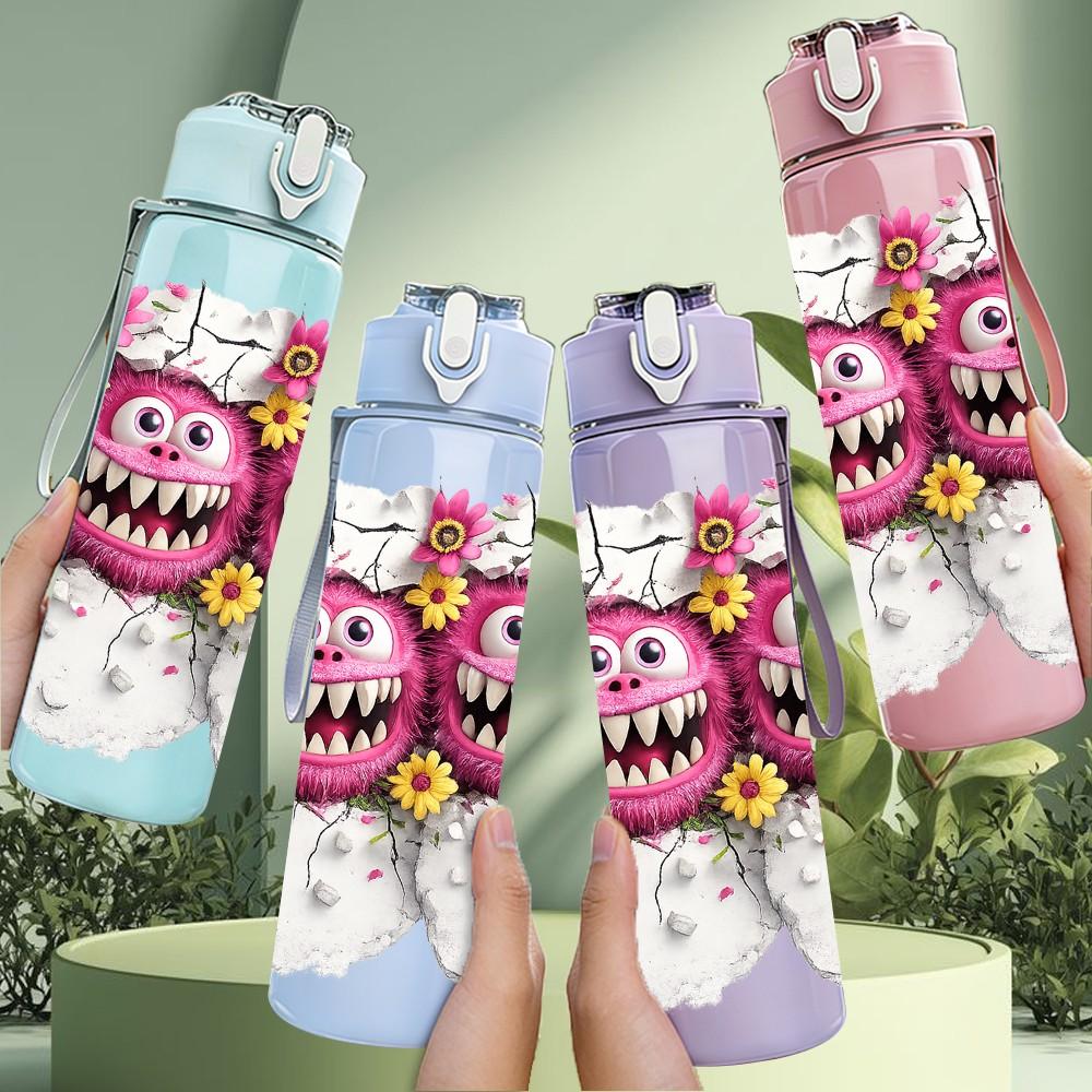 1PC Twin Monster Halloween Cartoon Print 750ml Color Plastic Sports Water Bottle Leakproof Flip Straw Lid Suitable for Sports Office Home Use