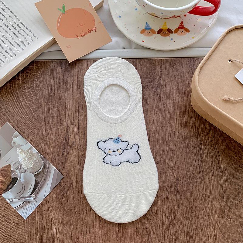 Spring and Summer Thin Socks, Female Cartoon Cute Little Animal Shallow Mouth Boat Socks, Silicone Anti-slip Invisible White Socks