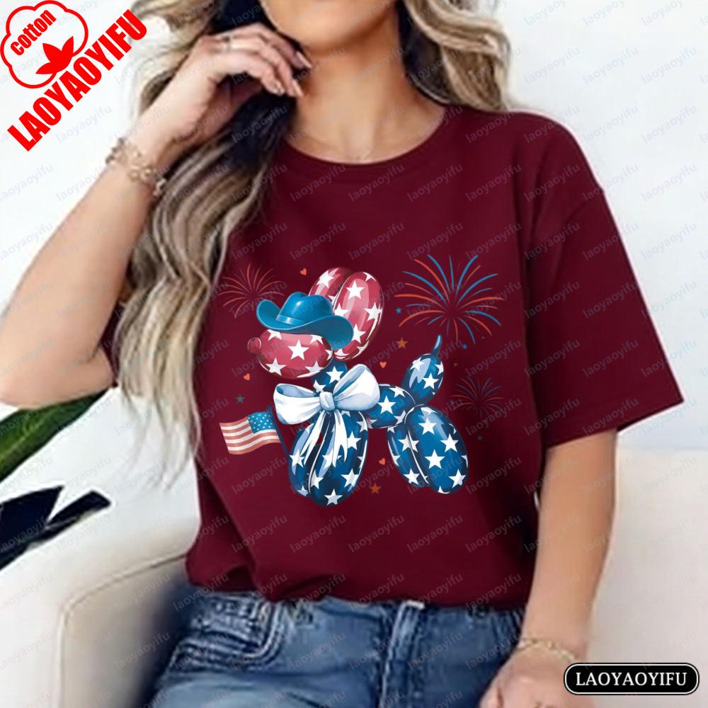 Independence Day Tee Kawaii Balloon Dog Graphic Tshirt America Red White Blue Tops Vintage Casual Fashion Clothes for Women