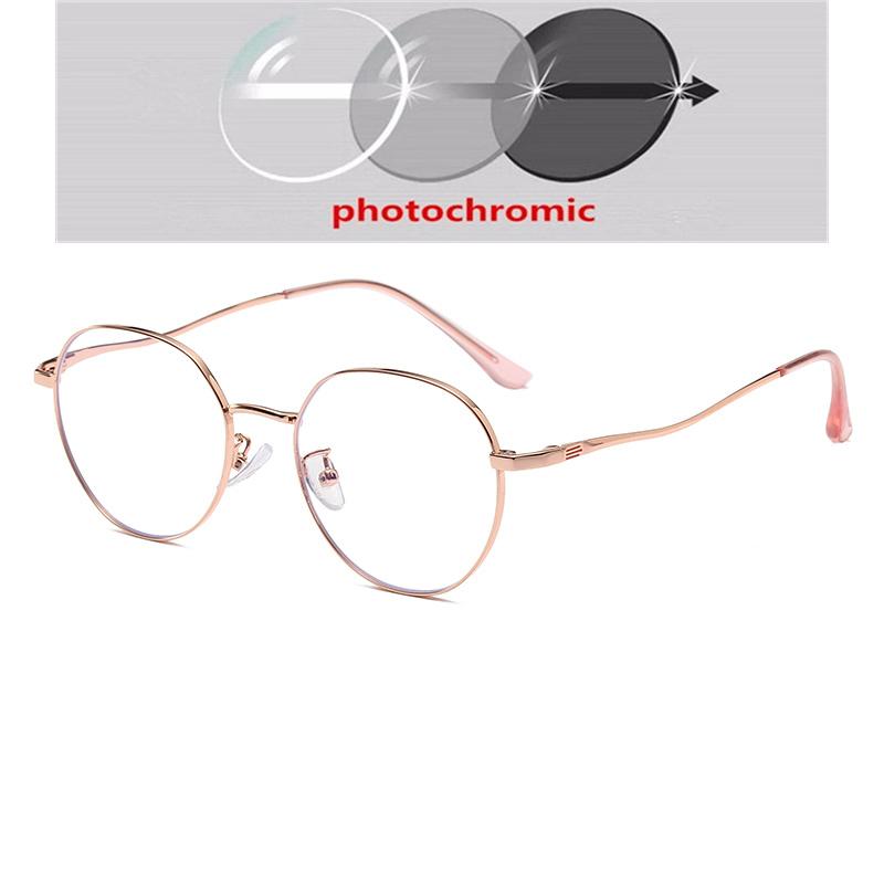 Diopter 0 -0.5 -0.75 Up To -6.0 Alloy Metal Female Male Blue Light Blocking Polygon With Prescription Spectacles Myopia Photochromic Eyeglasses