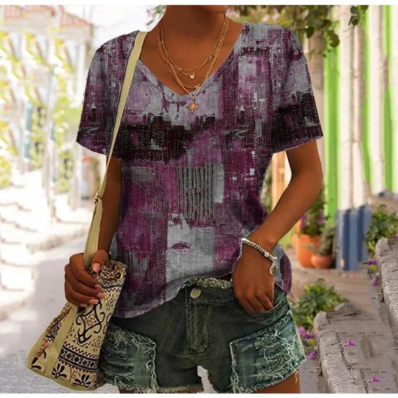 Summer V-neck 3D Retro Denim Plaid Printed Top Fashionable Casual Short Sleeved Women's T-shirts