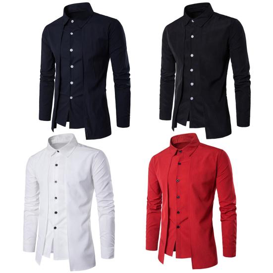 Camicia da uomo autunno primavera finto colletto alla coreana in due pezzi bavero manica lunga cardigan monopetto slim fit top formale da lavoro di media lunghezza