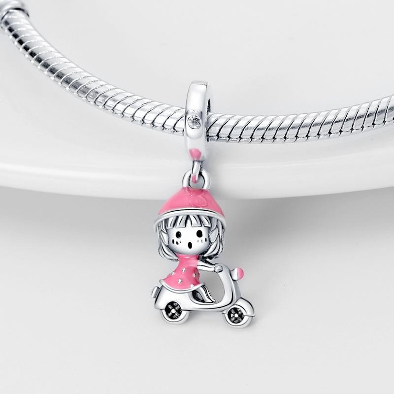 S925 Silver DIY Handmade Motorcycle Girl Charm Jewelry Accessories for Women Girls Gift