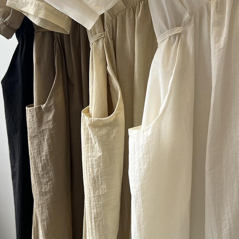 Vintage V-neck Pleated Dress Summer Women's Temperament Tie Waist Mid-length Dress