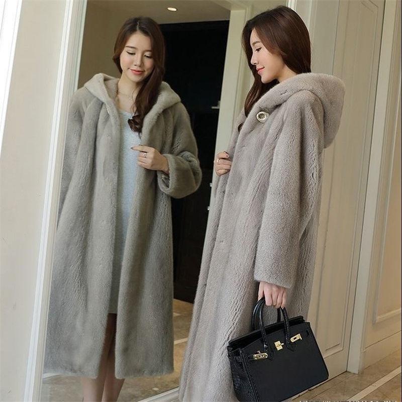 Imitation Fur Coat Women's Imitation Mink Velvet Imitation Fur Coat Women's Long Hooded New Autumn and Winter Thickened Slim Fit