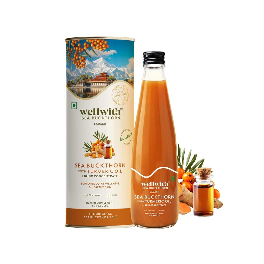 Ayuzera Olio di Olivello Spinoso con Curcuma Curcumina 300ml Integratore Liquido Naturale Himalayano per Benessere ed Energia