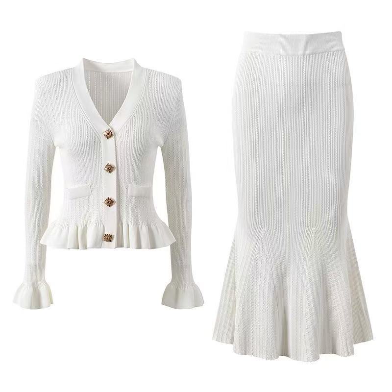 French V-neck Ruffled Long-sleeved Cardigan, Full-skirted Fishtail Dress, Stretch Knitted Two-piece Set