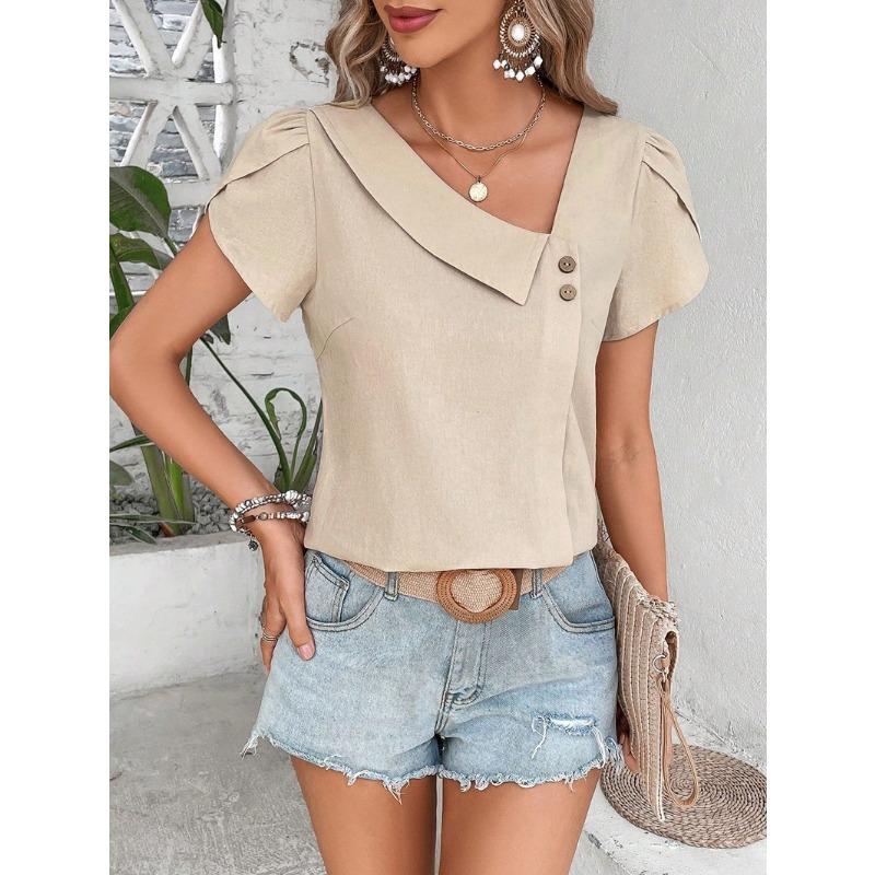 2026 Summer New Oblique Collar Loose Women Blouse Casual Solid Color Shirt Ladies Simple Button Sweet Petal Sleeves Tees Tops Fashion Elegant Clothes