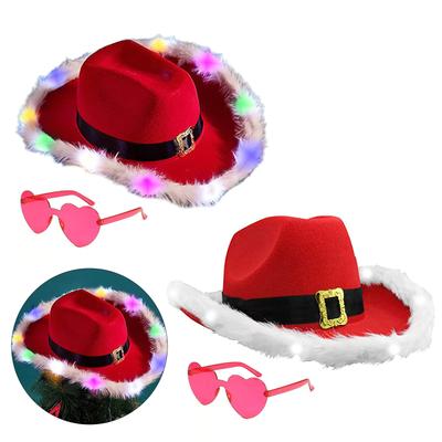 Christmas Cowboy Caps Lighted Western Cowgirl Hat Eyeglasses for Women Girl Feather Edge Santa Hat Party Cosplay Props