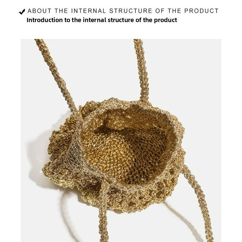 Niche Handmade Crochet Woven Bag with High-end Feel, Hollowed Out Large Capacity Water Bucket Bag, Sparkling Silver Wire Shoulder Bag