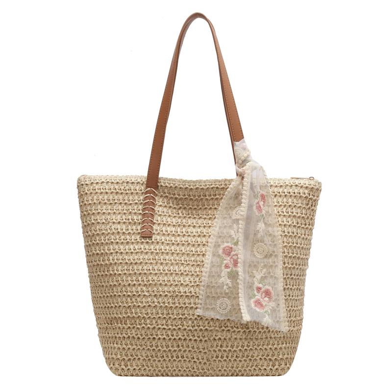Summer Large Capacity Handbag Ladies Shoulder Bag Fashion Handmade Straw Bag Hundred Ladies Tote Bag Silk Scarf Decoration