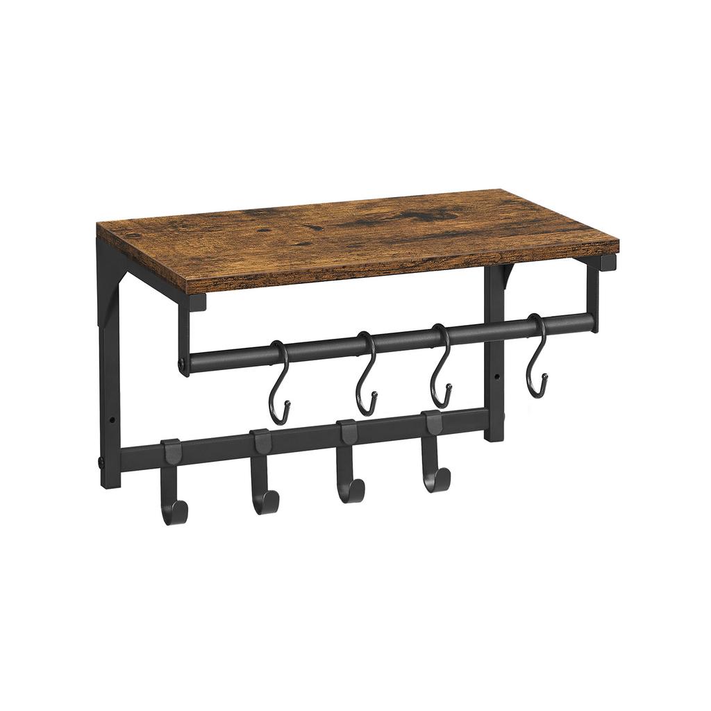VASAGLE Wall Mounted Coat Rack, Wall Shelf with 8 Removable Hooks, Wall Mounted Hanging Shelf with Clothes Rail, for Hallway, Bedroom
