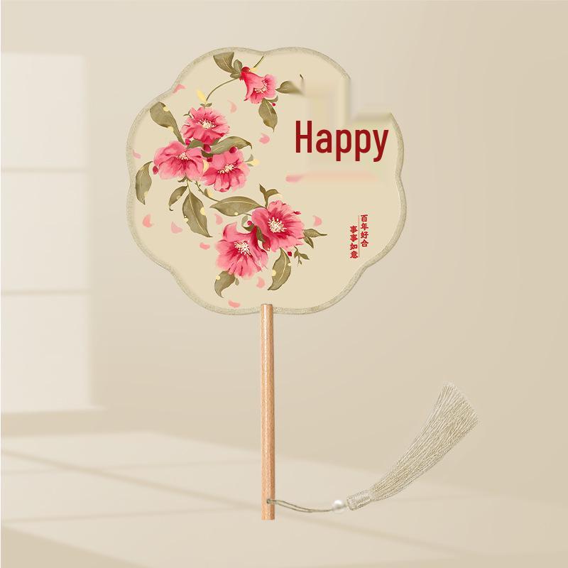 Girls' Summer Hanfu Dance Fan: Long Handle, Double-Sided Embroidered Round Fan for Traditional Costume
