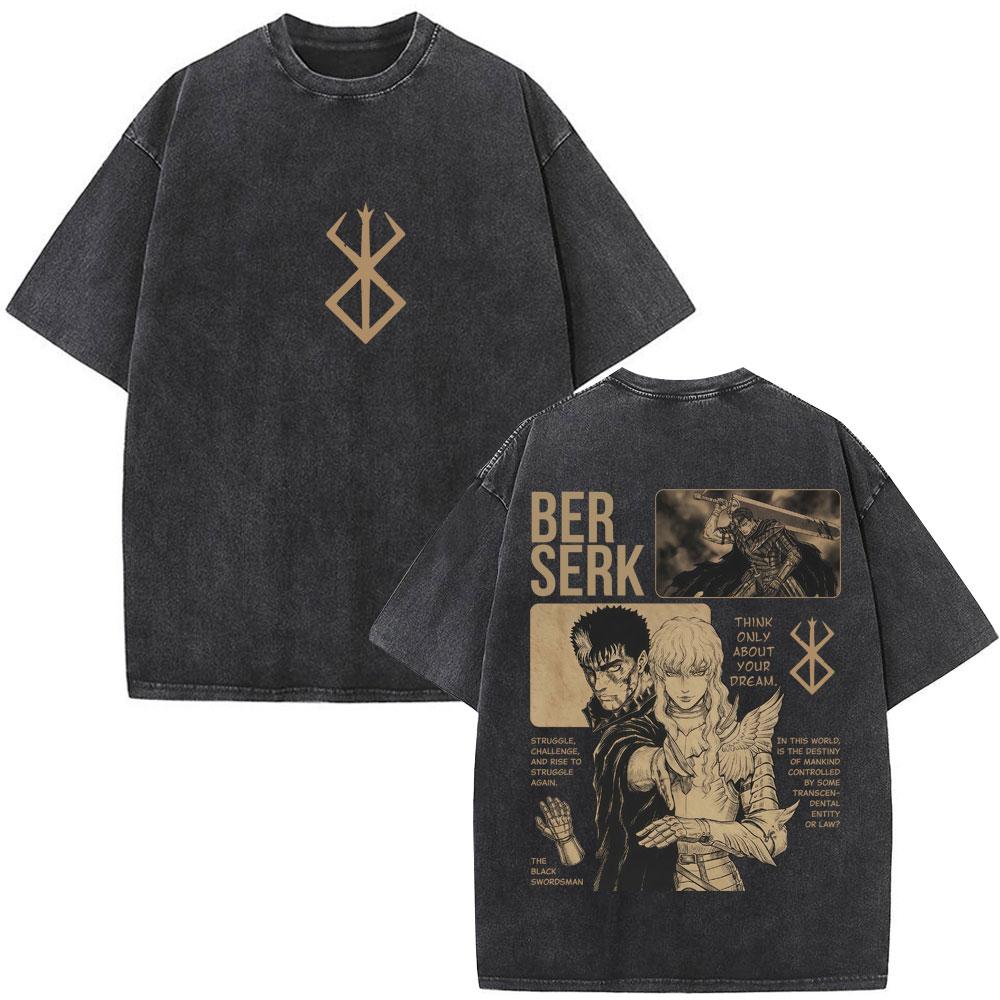 Unisex Washed Anime Berserk Guts T-shirts Swordsman Gatsu Sacrifice Zodd Cosplay T Shirt Oversized Cotton Vintage T Shirts Streetwear