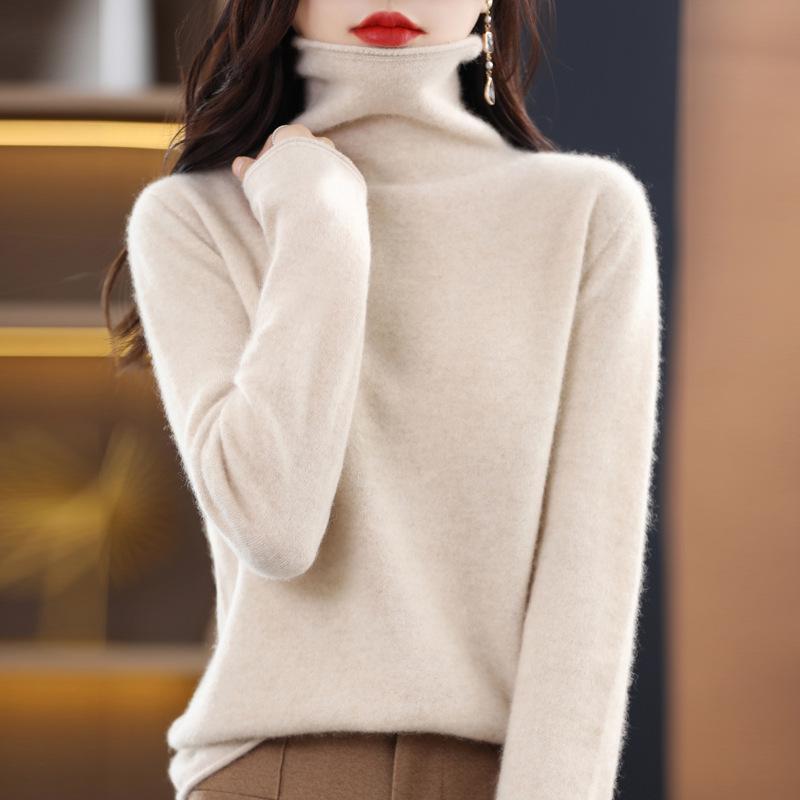 Women's Cowl Neck Wool Sweater: Slimming Autumn/Winter Cashmere Knit Base Layer, Long Sleeve.